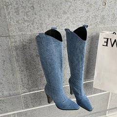 Denim Pointed Toe High Heeled Western Cowboy Boots