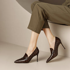 Gloria Brown Pointed Toe Loafer Heels