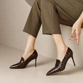 Gloria Brown Pointed Toe Loafer Heels