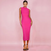 High Neck Sleeveless Plain Over Knee Bandage Dress