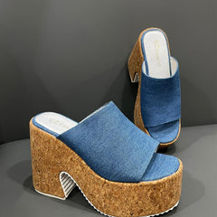 Denim Platform Slide Sandals