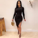 Round Neck Long Sleeve Slit Over Knee Bandage Dress PZ19247