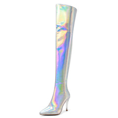 Etta Silver Holographic Thigh High Boots with Heels