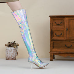 Etta Silver Holographic Thigh High Boots with Heels