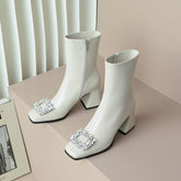 Fia Square Toe White Block Heel Boots