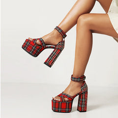 Elizabeth Platform Chunky Heel Studded Plaid Sandals