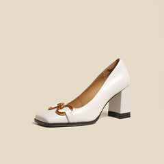 Faigy Square Toe Gold Chain Heels White