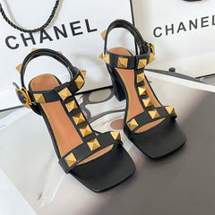 Ezra Studded Black Chunky Heel Sandals