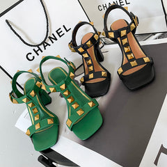 Ezra Studded Green Chunky Heel Sandals