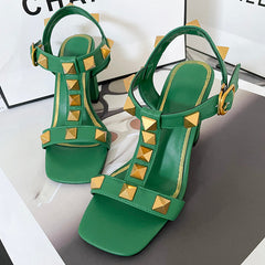 Ezra Studded Green Chunky Heel Sandals