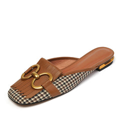 Elin Vintage Plaid Flat Mules-Brown