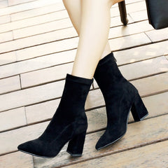 Sleek Suede Mid-Calf Boots - Versatile Elegance with Pointy Toe & Block Heel