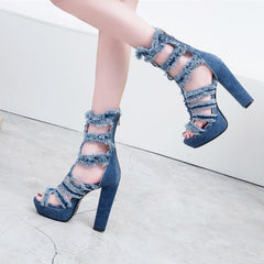 Denim Gladiator Heels with Frayed Straps - Daring and Distinctive for Trendsetters