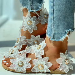 Flower Pearls Flat Sandals