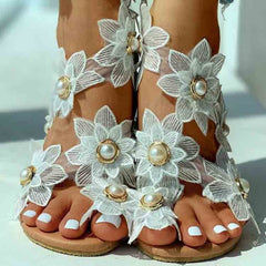 Flower Pearls Flat Sandals