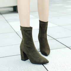 Sleek Suede Mid-Calf Boots - Versatile Elegance with Pointy Toe & Block Heel