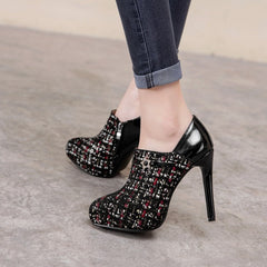 Glamorous Tweed & Patent Leather Ankle Boots - Bold High Heels for Trendsetters