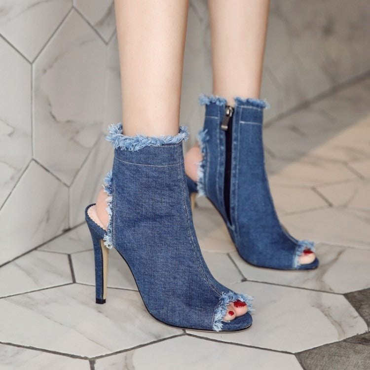 Trendsetter Denim Peep-Toe Booties with Frayed Detail - Urban Edge Meets Sophistication