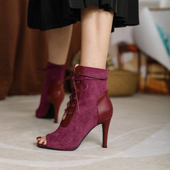 Elegant Black Suede Lace-Up Peep-Toe Booties - Chic Versatility for Any Occasion