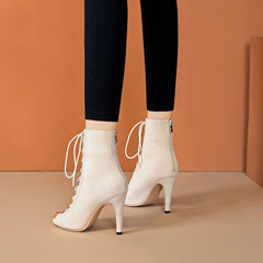 Glamorous Suede Lace-Up Peep-Toe Booties - Dazzling Detail for Fashion Enthusiasts