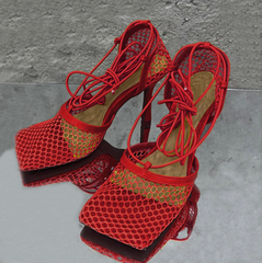 Square Toe Mesh Lace Up Heel