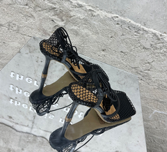 Square Toe Mesh Lace Up Heel