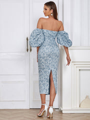 Off Shoulder Pleated Midi Backless Bodycon Dress