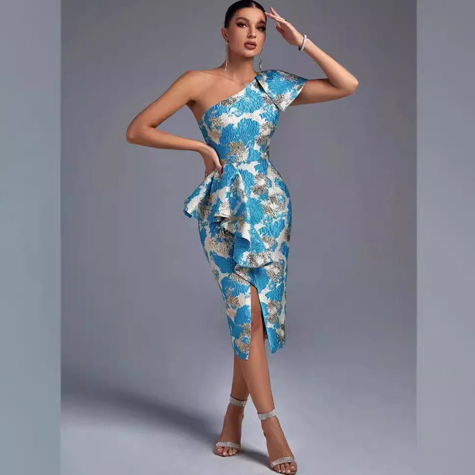 One Shoulder Sleeveless Frill Midi Bodycon Dress