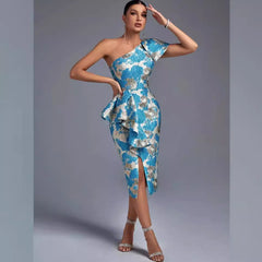 One Shoulder Sleeveless Frill Midi Bodycon Dress