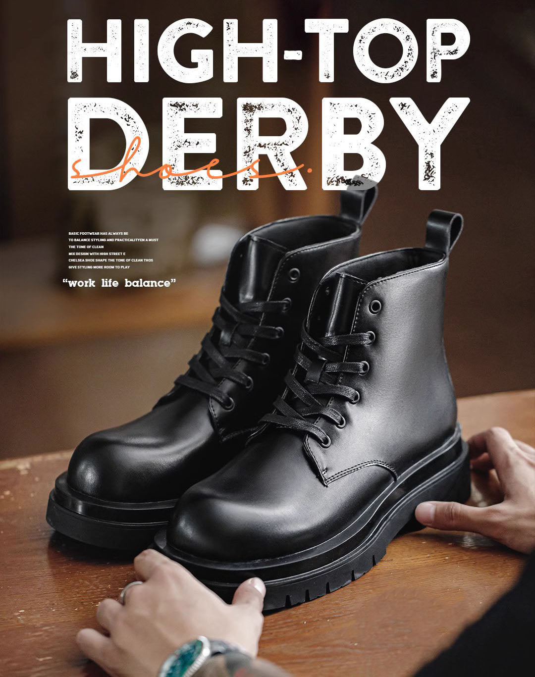 British Workwear Leather Derby High-Top Unisex Thick-Soled Boot