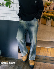 Derby Big Head Workwear Low-Top Yellow Leather Men's Dress Shoes