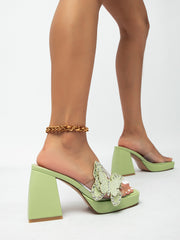 Rhinestone Bow Thick-Heeled High Heels