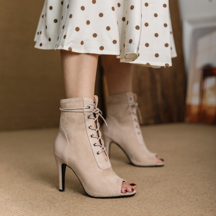 Elegant Black Suede Lace-Up Peep-Toe Booties - Chic Versatility for Any Occasion