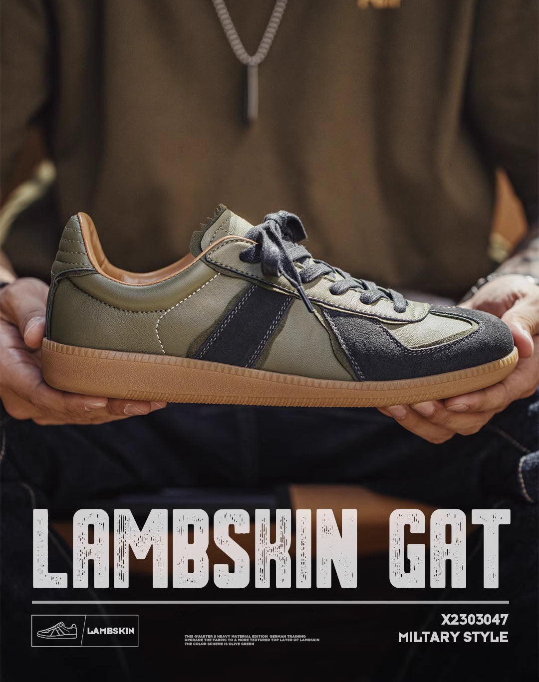 Retro Dexun Low-Cut Olive Green Sheepskin Sports Men's Casual Shoes