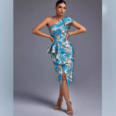 One Shoulder Sleeveless Frill Midi Bodycon Dress