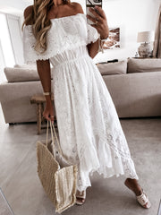 Off Shoulder Short Sleeve Floral Lace Bridesmaid Maxi Dress TJ611313
