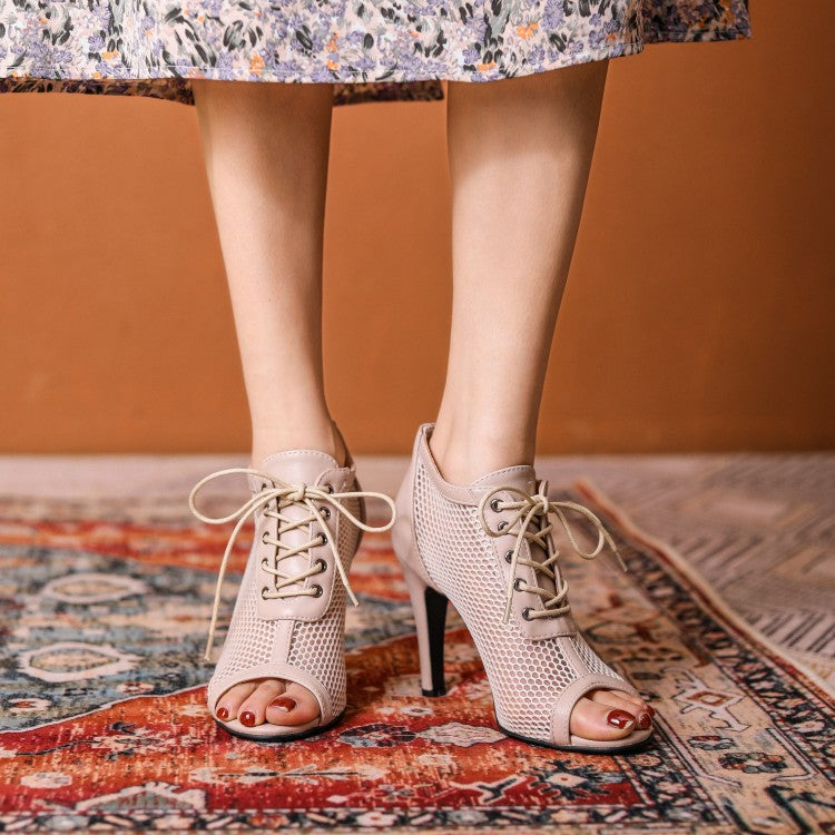 Sultry Mesh Lace-Up Heel Booties - Elegance Meets Edgy in Every Step