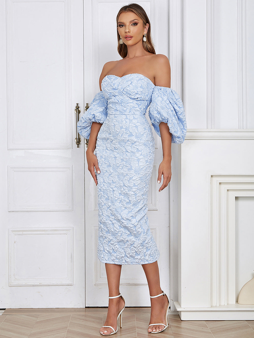 Off Shoulder Pleated Midi Backless Bodycon Dress