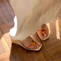 Colorful Square-Toe Wedge Sandals
