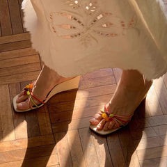 Colorful Square-Toe Wedge Sandals