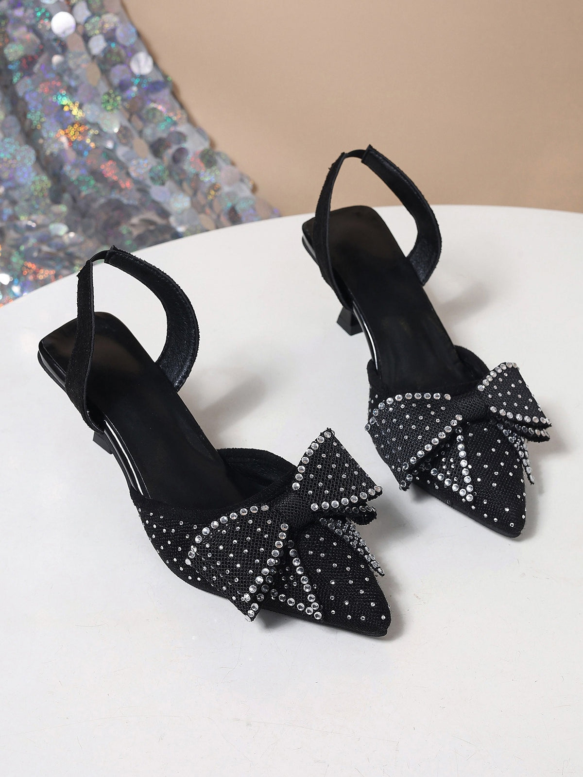 Rhinestone Pointed Bow High Heels