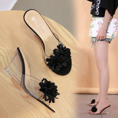 Pink Slippers With Big Flowers And Pearl Sandals