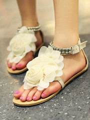 Flower String Beads Ankle Straps Flat Sandals