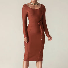 Round Neck Long Sleeve Tie Midi Bandage Dress