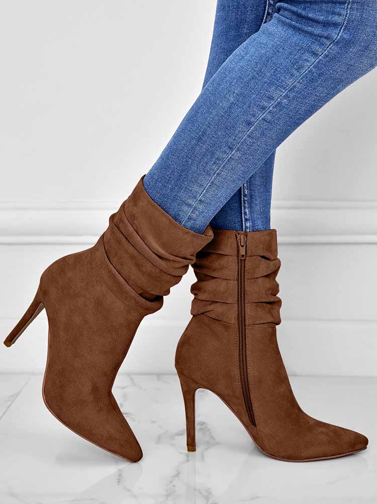 Ruched Stiletto Heeled Side Zipper Boots