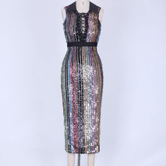 Round Neck Sleeveless Sequined Maxi Bodycon Dress HT0528