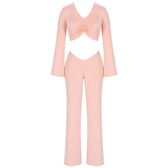 V Neck Long Sleeve Midriff Bodycon Set