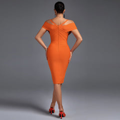 V Neck Mid Sleeve Striped Over Knee Bandage Dress