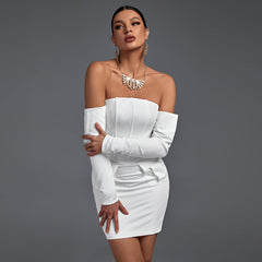 Off Shoulder Long Sleeve Striped Mini Bandage Dress