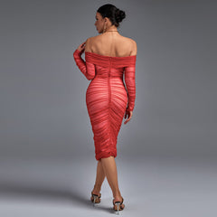 Off Shoulder Ruched Midi Bodycon Dress